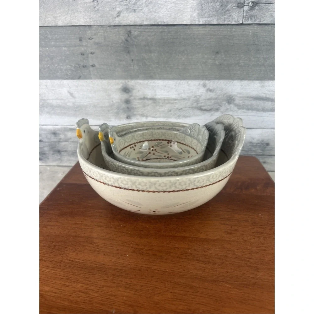 Temp-Tations By Tara Old World Gray Chicken Nesting Bowls 1.5QT, 22Oz, & 10 Oz
